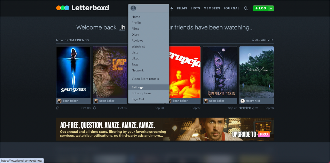 Letterboxd Settings menu